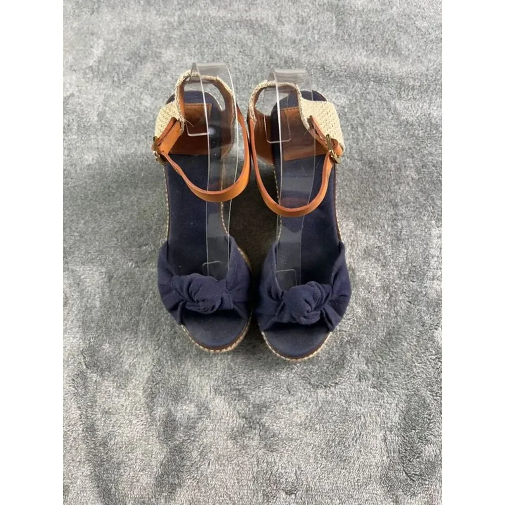 Tory Burch Macy Linen Espadrille Wedge Sandals Sz 7B Blue Twist Knot Ankle Strap